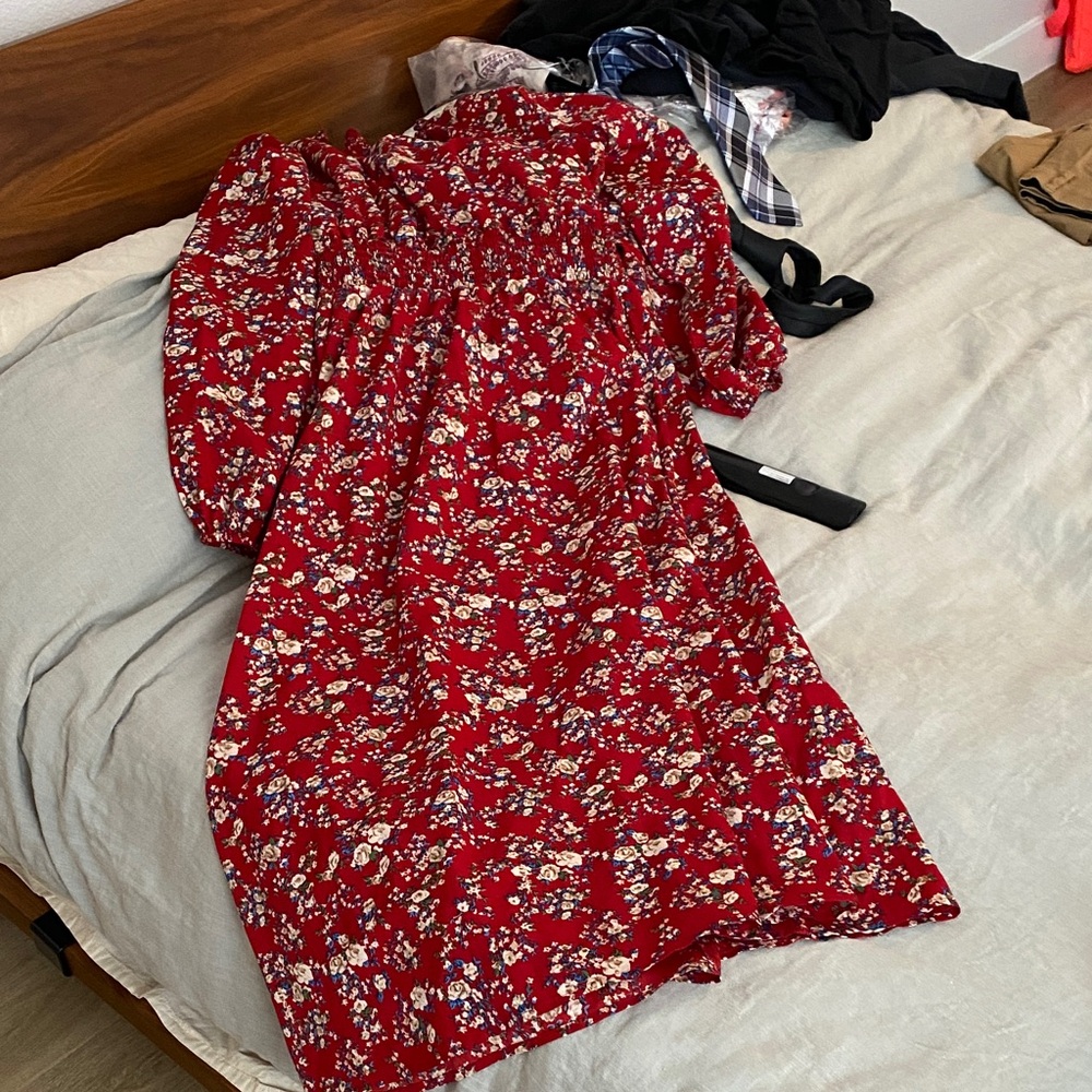 Red Floral Smocked Waist Women's Dress